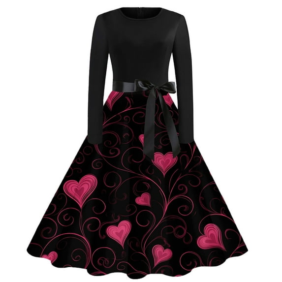 Fgvctg Valentine's Day Party Dresses for Women Trendy Long Sleeve Cocktail Dress Vintage Dinner 1950s Dresses Sweet Love Heart Graphic Outfits Crewneck Clothes Purple Pink 2XL