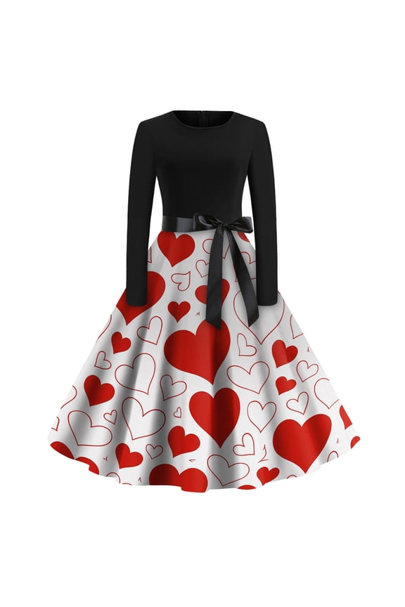 Valentine's Day Party Dresses for Women Vintage Cocktail Dress 1950s Love Heart Print Crewneck Dresses A-Line Date-Night Sweet Long Sleeve Clothing Fit Outfit Red 3XL