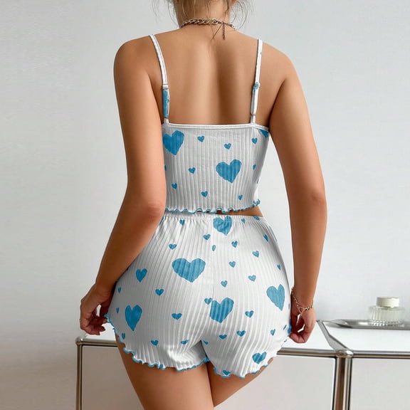 Fgvctg Valentine's Day Pjs Sets for Women Sleeveless Two Piece Loungewear Pjs Romantic Cami Pajamas Sets Cute Love Heart Graphic Nightwear Date Night Tank Top And Shorts Light Blue XL