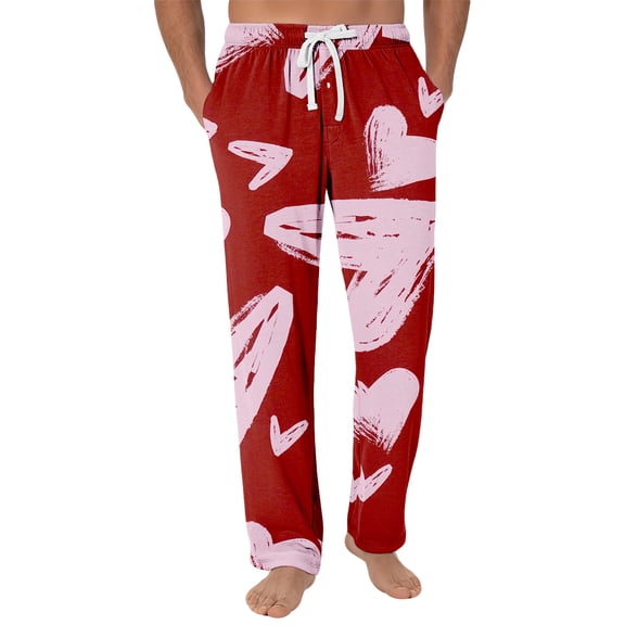 Fgvctg Valentine's Day Plus Size Pajamas for Men Plus Size Wide Leg Sleepwear Pajamas Pants Soft Love Heart Print High Waisted Pj Fall Spring Drawstring Lounge Pants with Pockets Watermelon Red XL