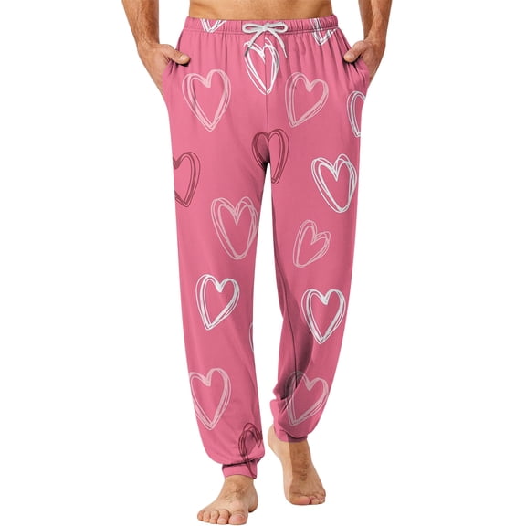Fgvctg Valentine's Day Plus Size Pajamas for Men Stretch Elastic Bottom Sleepwear Pajama Pant Loungewear Heart Print High Waisted Pjs Fall Spring Drawstring Lounge Pants with Pockets Beige 3XL