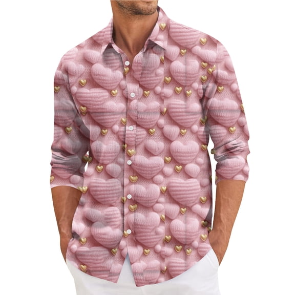 Fgvctg Valentine's Day Shirts for Men Long Sleeve Button Down Cotton Shirts Collared Fashion Blouses Date Day Love Heart Print Plus Size Business Casual Tops Light pink 3XL