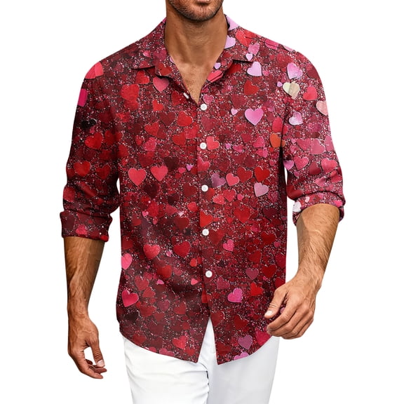 Fgvctg Valentine's Day Shirts for Men Long Sleeve Cotton Button Down Shirt Dressy Collared Blouse Date Day Love Heart Print Oversized Business Casual Outfits Wine M