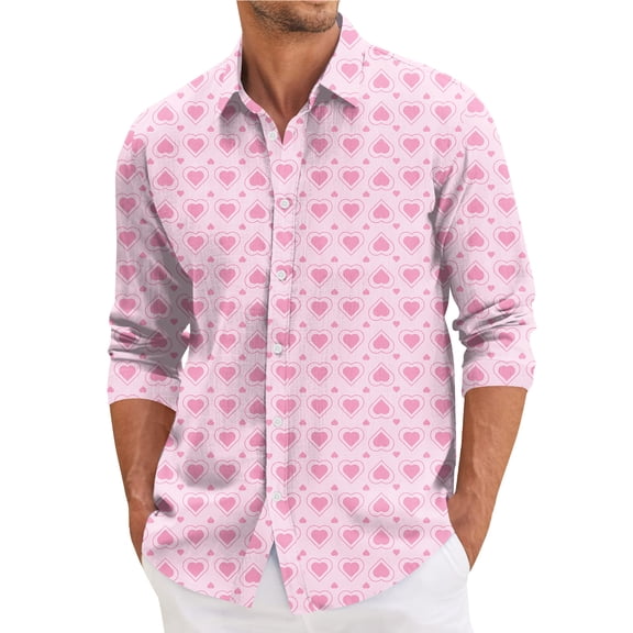 Fgvctg Valentine's Day Shirts for Men Long Sleeve V Neck Button Down Blouses Collared Plus Size Date Day Love Heart Print Shirts Soft Business Casual Outfits Light pink 2XL