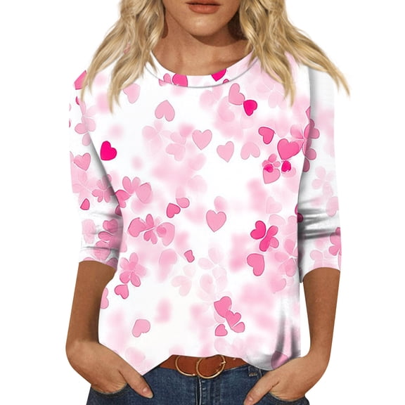 Fgvctg Valentine's Day Shirts for Women Casual 3/4 Sleeve Crewneck Shirt Cute Date Night Pullover Tops Loose Sweet Love Heart Graphic Half Sleeve Blouse Hot Pink S