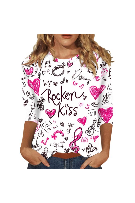 Valentine's Day Shirts for Women Casual 3/4 Sleeve Crewneck Top Romantic Date Night Pullover Shirt Plus Size Love Heart Print Half Sleeve Blouse Purple Pink XL