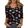 thumbnail image 1 of Fgvctg Valentine's Day Shirts for Women Casual V Neck 3/4 Length Sleeve Shirt Date Night Pullover Romantic Tops Plus Size Love Heart Print Blouse Gifts For Her Black M, 1 of 6