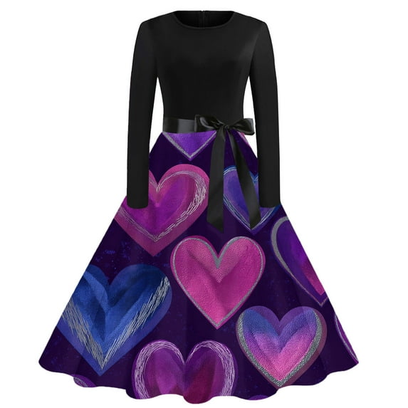 Fgvctg Valentine's Day Spring Dresses for Women 2026 Elegant Crewneck Vintage Cocktail Dresses Love Heart Graphic Soft 50's Dress Date-Night Long Sleeve A-Line Dressy Outfit Pink S