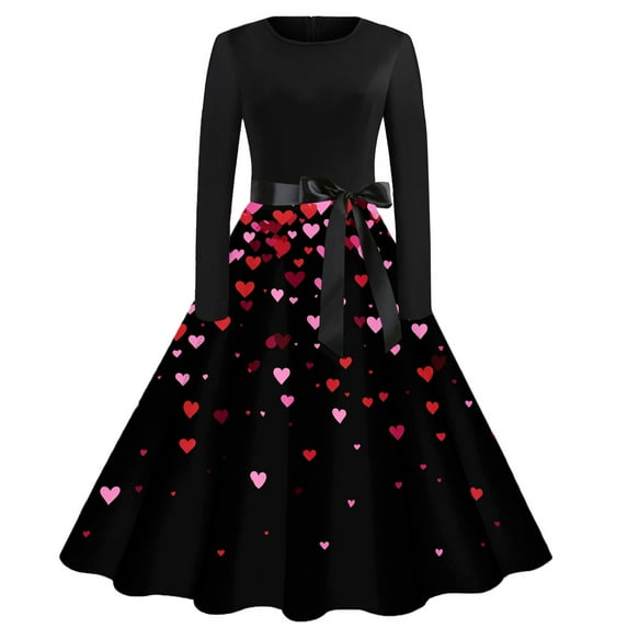 Fgvctg Valentine's Day Spring Dresses for Women 2026 Love Heart Graphic Vintage Cocktail Dresses Lightweight Crewneck 1950s Tea Dress Long Sleeve Dressy Elegant Outfits Hot Pink M