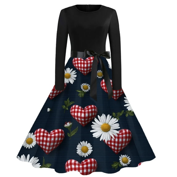 Fgvctg Valentine's Day Spring Dresses for Women 2026 Romantic Crewneck Vintage Cocktail Dress Cute Heart Print Casual 1950s Tea Dress Long Sleeve Oversized Dressy Outfit Purple 4XL