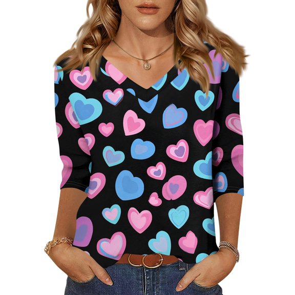 Fgvctg Valentine's Day Spring Tops for Women 2025 Casual 3/4 Length Sleeve V Neck Top Comfortable Date Night Pullover Shirt Loose Sweet Love Heart Graphic Half Sleeve Blouse Light pink XL