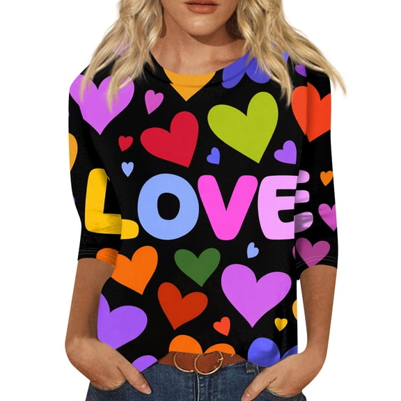 Fgvctg Valentine's Day Spring Tops for Women 2025 Casual Crewneck 3/4 Sleeve Shirt Date Night Pullover Romantic Top Plus Size Cute Love Heart Graphic Half Sleeve Blouses Multicolor XL