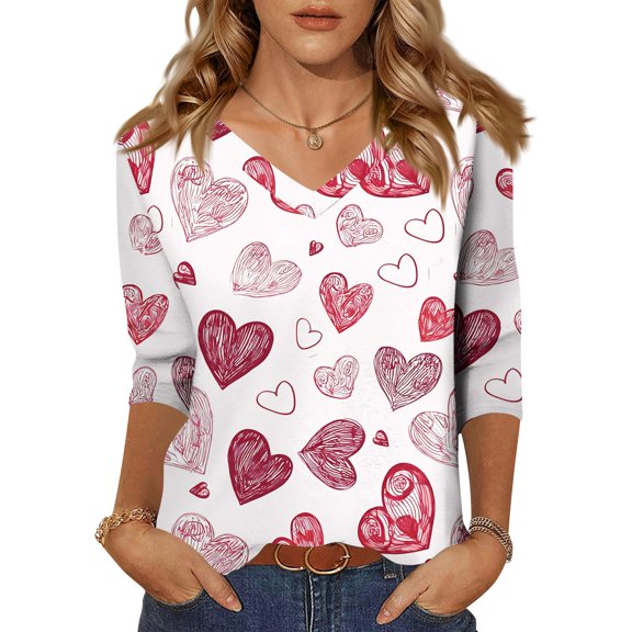 Fgvctg Valentine's Day Spring Tops for Women 2025 Casual V Neck 3/4 Sleeve Top Loose Date Night Pullover Shirt Cute Cute Love Heart Graphic Half Sleeve Blouse Hot Pink S