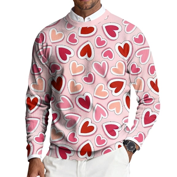 Fgvctg Valentine's Day Sweaters for Men Crewneck Ribbed Knit Sweater Love Heart Print Romantic Slim Fit Long Sleeve Pullover Sweaters Spring Lightweight Clothes Light pink 2XL