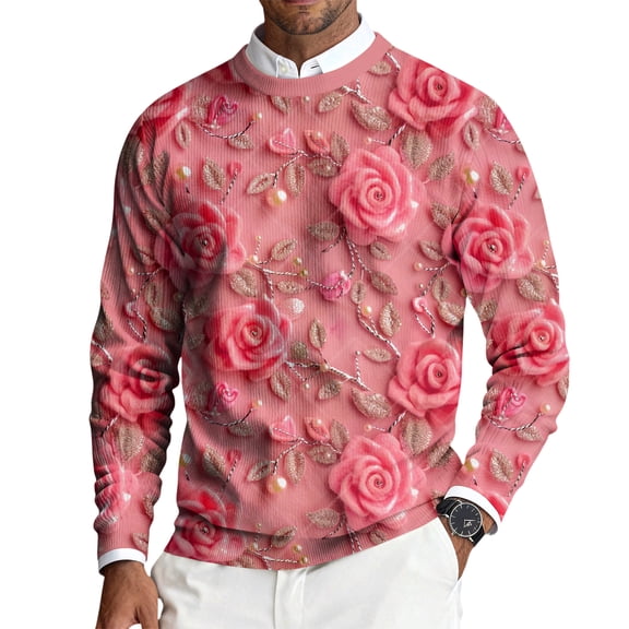 Fgvctg Valentine's Day Sweaters for Men Crewneck Ribbed Knit Sweaters Love Heart Print Casual Slim Fit Long Sleeve Pullover Sweater Spring Lightweight Blouse Hot Pink S