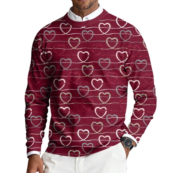 Fgvctg Valentine's Day Sweaters for Men Crewneck Ribbed Knit Sweaters Love Heart Print Comfy Slim Fit Long Sleeve Pullover Sweater Spring Lightweight Clothes Vermilion S