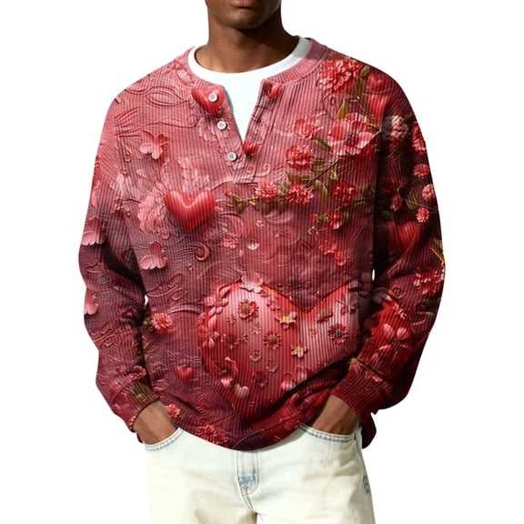 Fgvctg Valentine's Day Sweaters for Men Henley Collar Ribbed Knit Button Down Sweater Love Heart Print Romantic Slim Fit Long Sleeve Pullover Sweaters Spring Oversized Clothes Deep Red L