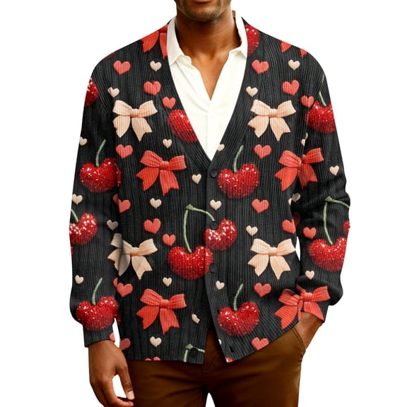 Fgvctg Valentine's Day Sweaters for Men Ribbed Knit Romantic Love Heart Print Sweaters Long Sleeve Casual Coat Sweet Button Up Cardigan Sweaters Fashion Spring Clothes Black M