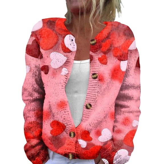 Fgvctg Valentine's Day Sweaters for Women Knitted Open Front Cute Sweaters Casual Long Sleeve Coats Love Heart Graphic Cardigans Spring Button Down Sweater Loose Outfit Vermilion XL