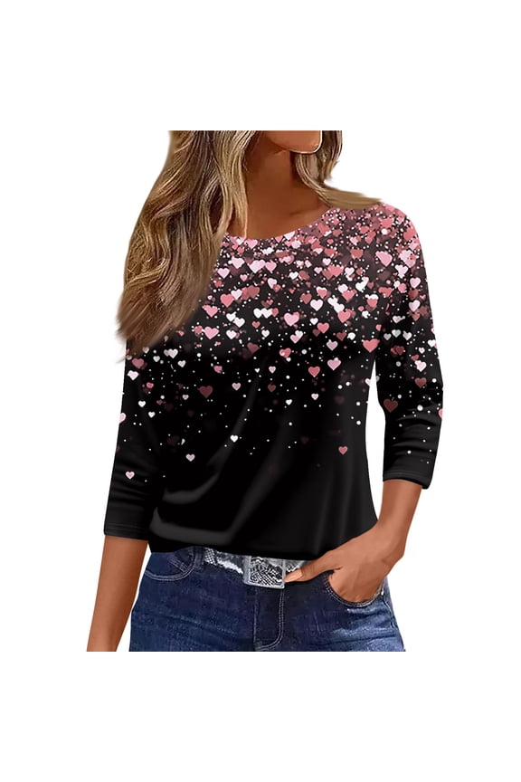Valentine's Day Tops for Women 2025 Casual 3/4 Length Sleeve Crewneck Shirt Trendy Date Night Pullover Top Oversized Sweet Love Heart Graphic Blouse Gifts For Her Multicolor 3XL