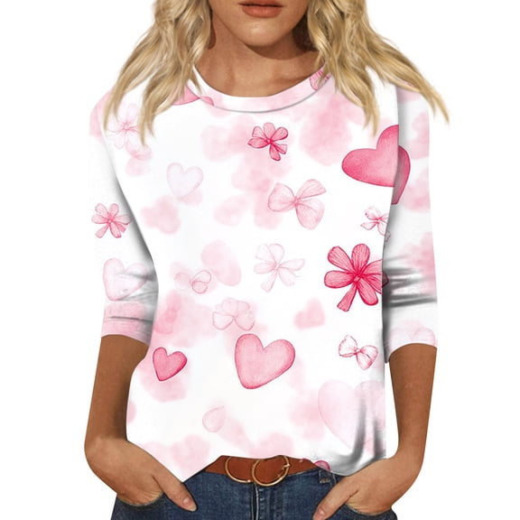 Fgvctg Valentine's Day Tops for Women 2025 Casual 3/4 Length Sleeve Crewneck Tops Cute Date Night Pullover Shirt Plus Size Cute Love Heart Graphic Blouses Gifts for Women Pink S