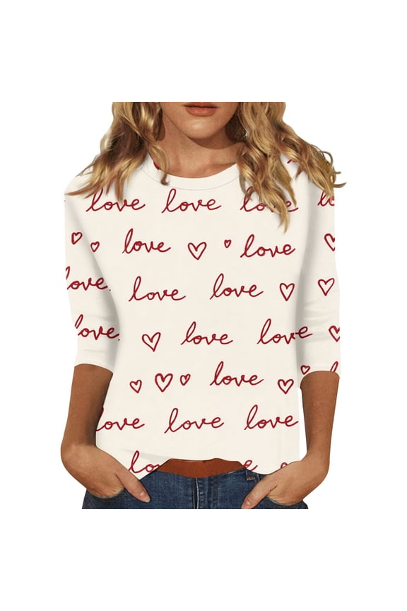 Valentine's Day Tops for Women Casual 3/4 Sleeve Crewneck Shirt Romantic Date Night Pullover Tops Plus Size Love Heart Print Blouse Gifts For Her Deep Red 2XL