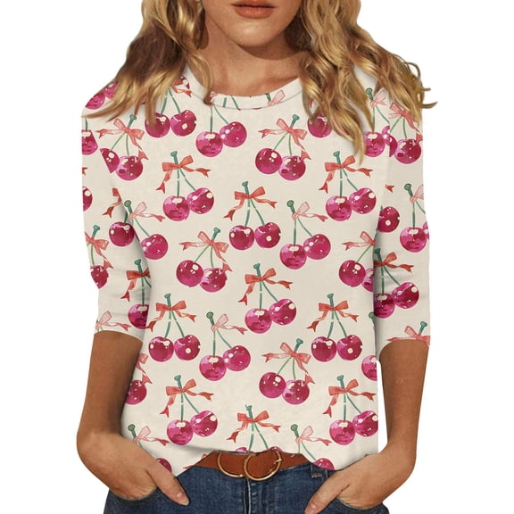 Fgvctg Valentine's Day Tops for Women Casual Crewneck 3/4 Length Sleeve Top Loose Date Night Pullover Shirt Romantic Cute Love Heart Graphic Blouse Gifts For Her Beige XL