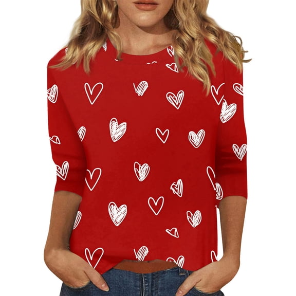Fgvctg Valentine's Day Tops for Women Casual Crewneck 3/4 Sleeve Tops Loose Date Night Pullover Shirts Cute Cute Love Heart Graphic Half Sleeve Blouses Red 3XL