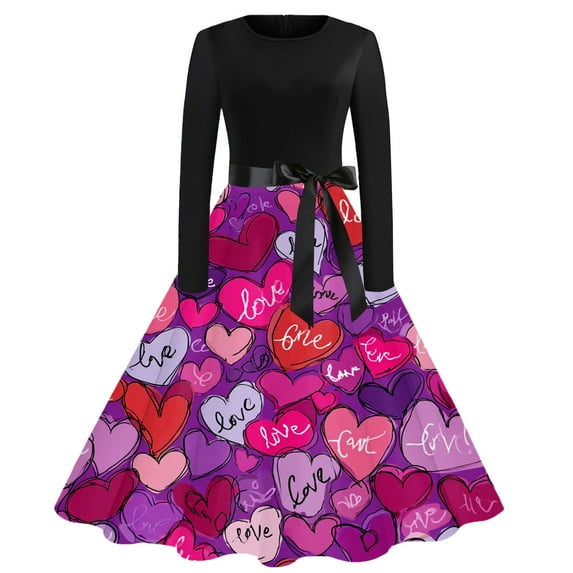 Fgvctg Valentine's Day Vintage Cocktail Dresses for Women Hepburn Long Sleeve Vintage Cocktail Dresses Sweet Prom Dress 1950s Romantic Cute Heart Print Outfit Crewneck Clothes Dark Purple 2XL