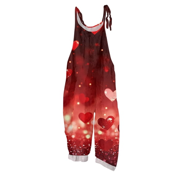 Fgvctg Valentine's Day Women's Jumpsuit Wide Leg Pant Casual Overall Love Heart Graphic Sleeveless Date Night Spaghetti Straps Jumpsuits Romper Bib Overalls Loose Sprimg Pant With Pockets Deep Red M