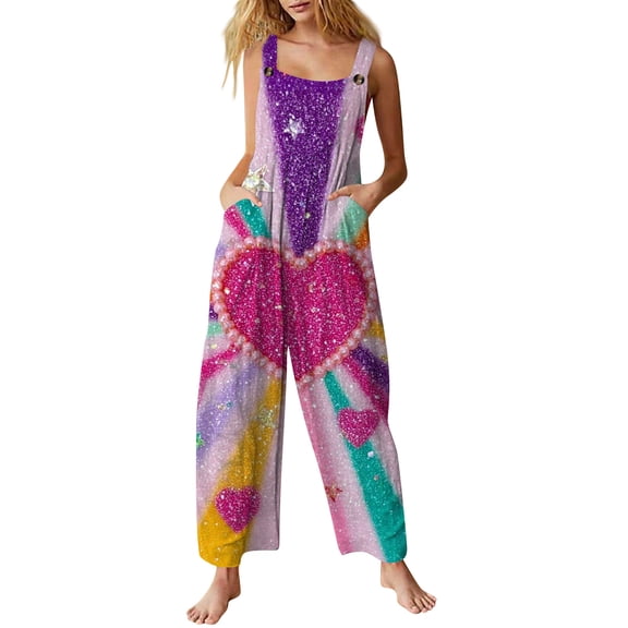 Fgvctg Valentine's Day Women's Jumpsuit Wide Leg Pant Date Night Spaghetti Straps Romantic Love Heart Print Jumpsuits Sleeveless Bib Overalls Sprimg Romper Clothing With Pockets Red M