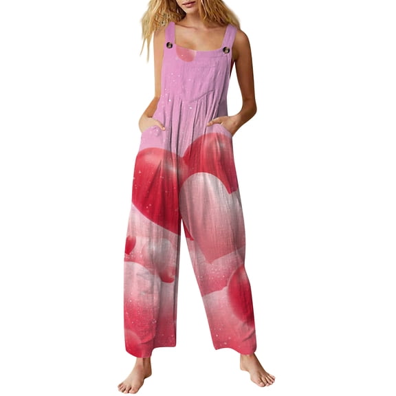Fgvctg Valentine's Day Women's Jumpsuits Wide Leg Pant Dressy Overalls Love Heart Graphic Sleeveless Spaghetti Straps Jumpsuits Rompers Bib Overalls Loose Sprimg Pant With Pockets Watermelon Red 3XL