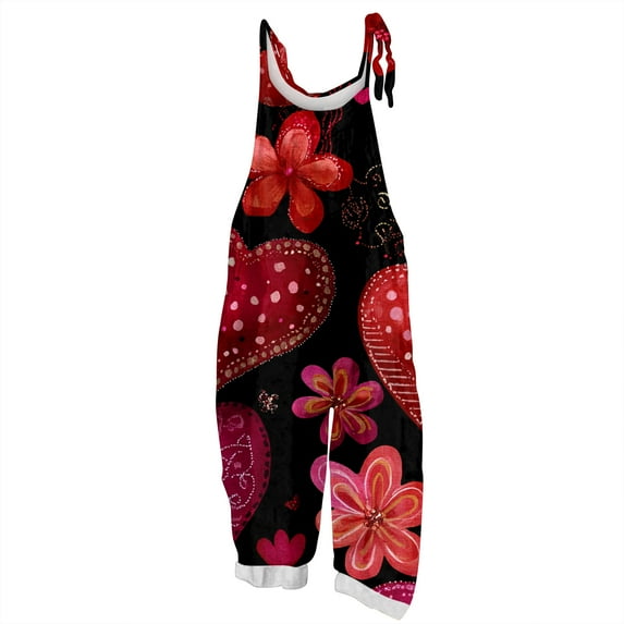 Fgvctg Valentine's Day Women's Jumpsuits Wide Leg Pant Fashion Overalls Love Heart Print Sleeveless Spaghetti Straps Jumpsuit Rompers Bib Overalls Oversized Sprimg Pants With Pockets Red M