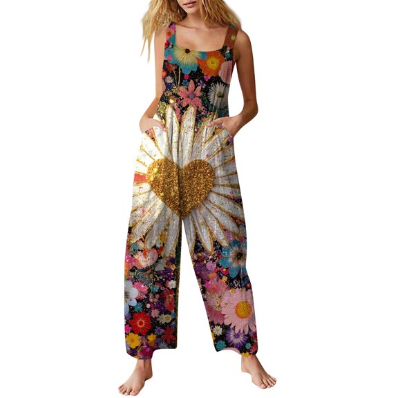 Fgvctg Valentine's Day Women's Jumpsuits Wide Leg Pant Romantic Love Heart Print Overalls Sleeveless Rompers Spaghetti Straps Jumpsuit Loose Bib Overalls Sprimg Clothes With Pockets Watermelon Red L