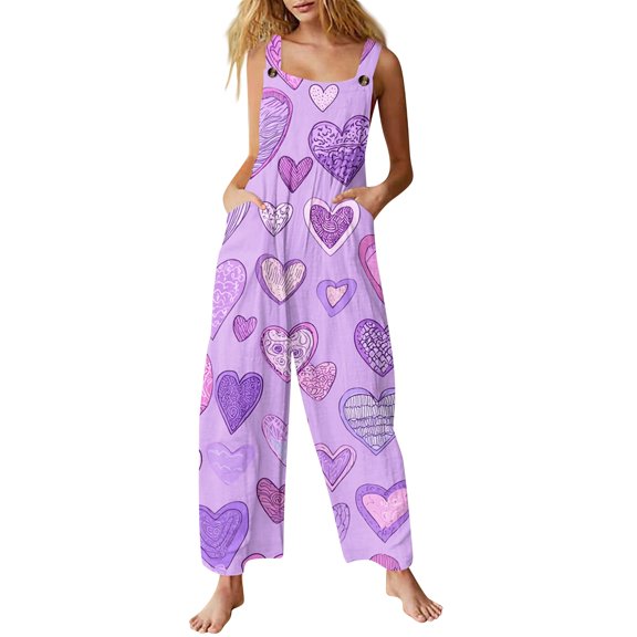 Fgvctg Valentine's Day Women's Overalls Sleeveless Date Night Spaghetti Straps Overall Festival Wide Leg Pant Love Heart Graphic Bib Overalls Romper Sprimg Pant With Pockets Purple Pink L
