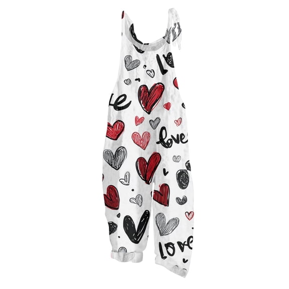 Fgvctg Valentine's Day Women's Overalls Sleeveless Date Night Spaghetti Straps Overalls Comfy Wide Leg Pant Love Heart Graphic Bib Overalls Rompers Sprimg Pant With Pockets White 3XL