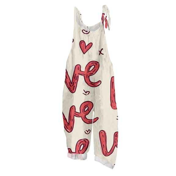 Fgvctg Valentine's Day Women's Overalls Wide Leg Pant Comfy Overalls Love Heart Print Sleeveless Date Night Spaghetti Straps Jumpsuits Rompers Bib Overalls Oversized Sprimg Pant With Pockets Beige S