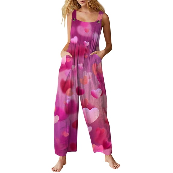 Fgvctg Valentine's Day Women's Overalls Wide Leg Pant Date Night Spaghetti Straps Comfy Love Heart Print Jumpsuits Sleeveless Bib Overalls Sprimg Romper Clothing With Pockets Light pink S