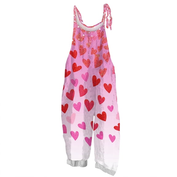 Fgvctg Valentine's Day Women's Overalls Wide Leg Pant Date Night Spaghetti Straps Fashion Love Heart Graphic Jumpsuits Sleeveless Bib Overalls Sprimg Romper Clothes With Pockets Purple Pink 2XL