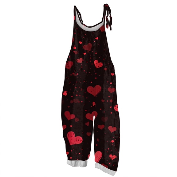 Fgvctg Valentine's Day Women's Overalls Wide Leg Pant Date Night Spaghetti Straps Trendy Love Heart Graphic Jumpsuit Sleeveless Bib Overalls Sprimg Rompers Clothing With Pockets Wine S