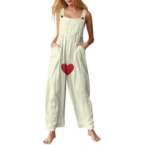 Fgvctg Valentine's Day Women's Overalls Wide Leg Pant Romantic Love Heart Graphic Overall Sleeveless Rompers Spaghetti Straps Jumpsuits Loose Bib Overalls Sprimg Clothes With Pockets Beige S