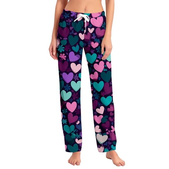 Fgvctg Valentine's Day Women's Pajamas Comfy Heart Print Wide Leg Pajama Sleepwear High Waisted Pj Pants Plus Size Spring Fall Drawstring Lounge Pants with Pockets Wine XL