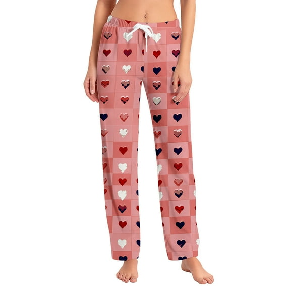 Fgvctg Valentine's Day Women's Pajamas Soft Heart Print Wide Leg Pajama Sleepwear High Waisted Pjs Pant Oversized Fall Spring Drawstring Lounge Pants with Pockets Red S
