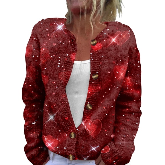 Fgvctg Valentine's Day Women's Sweaters Open Front Love Heart Print Sweaters Long Sleeve Casual Coats Sweet Button Down Cardigans Cute Clothes Spring Sweater Purple Pink S