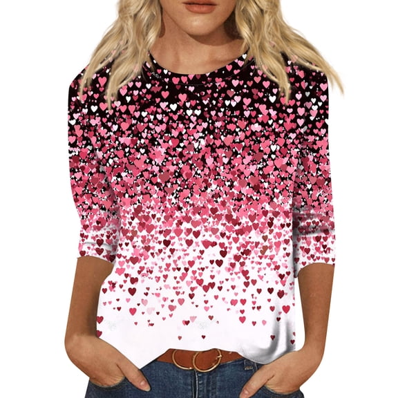 Fgvctg Valentine's Day Women's Tops Casual 3/4 Sleeve Crewneck Shirt Date Night Pullover Tops Oversized Sweet Love Heart Graphic Blouse Gifts For Her Purple Pink S