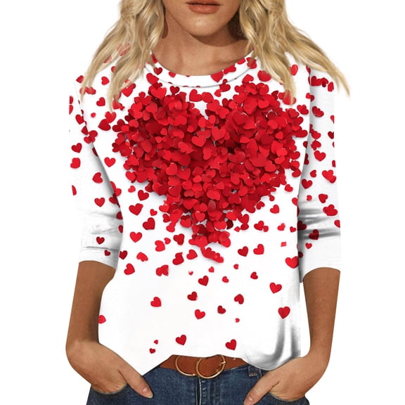 Fgvctg Valentine's Day Women's Tops Casual 3/4 Sleeve Crewneck Tops Cute Date Night Pullover Shirt Plus Size Cute Love Heart Print Half Sleeve Blouse Pink XL