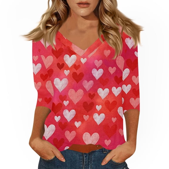 Fgvctg Valentine's Day Women's Tops Casual V Neck 3/4 Sleeve Shirt Date Night Pullover Parade Top Loose Cute Love Heart Graphic Blouses Gifts for Women Vermilion 3XL