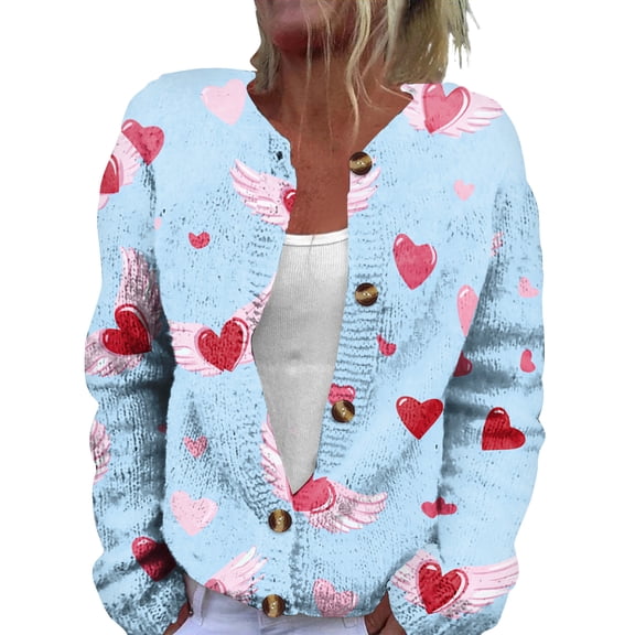 Fgvctg Valentine's Day Womens Cardigan Casual Long Sleeve Cardigans Open Front Cute Oversized Coats Love Heart Print Sweater Button Down Cardigan Sweaters Sweet Clothes Deep Red S