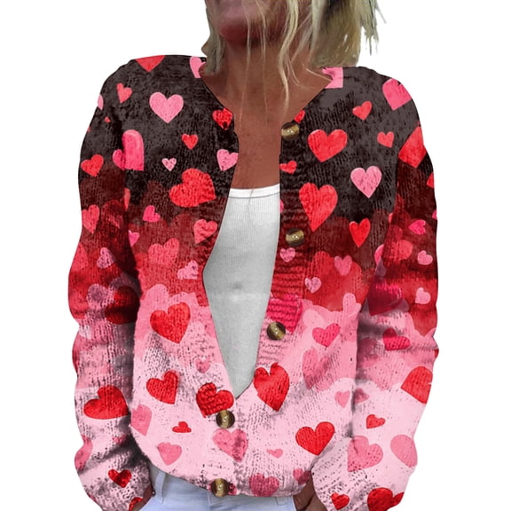 Fgvctg Valentine's Day Womens Cardigan Pretty Open Front Cute Sweater Casual Long Sleeve Coat Love Heart Print Button Down Cardigans Sweaters Chunky Spring Outfit Hot Pink 2XL