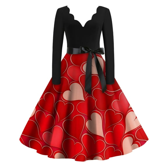 Fgvctg Valentine's Day Womens Dresses Cute Heart Graphic Cocktail Dresses Vintage V Neck 1950s Dresses Long Sleeve Dressy Romantic Date Night Clothes Red S